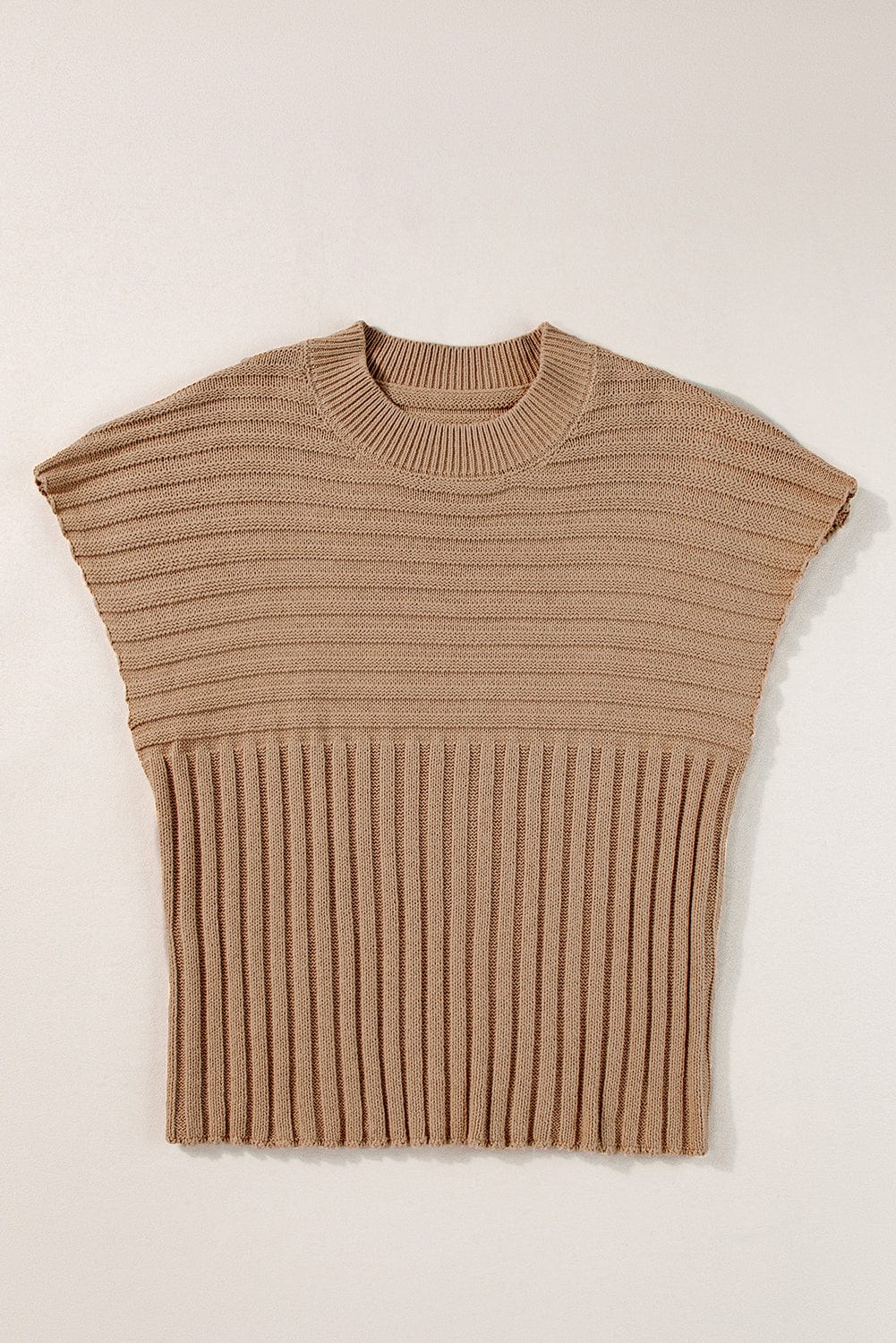 French Beige Wide Sleeve Rib Knit Sweater Top
