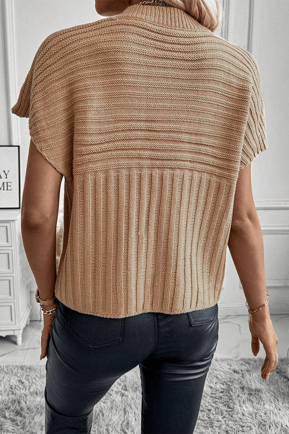 French Beige Wide Sleeve Rib Knit Sweater Top