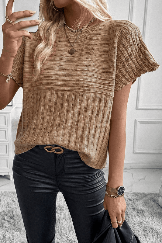 French Beige Wide Sleeve Rib Knit Sweater Top