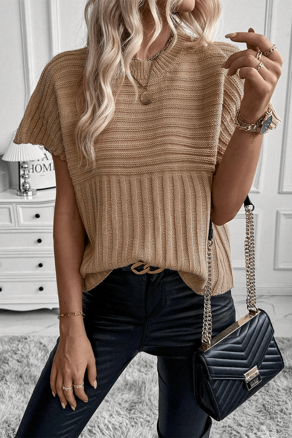 French Beige Wide Sleeve Rib Knit Sweater Top