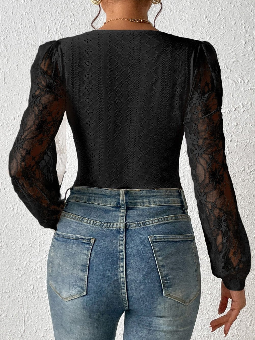 French Noir Lace Puff Sleeve Sheer Bodysuit