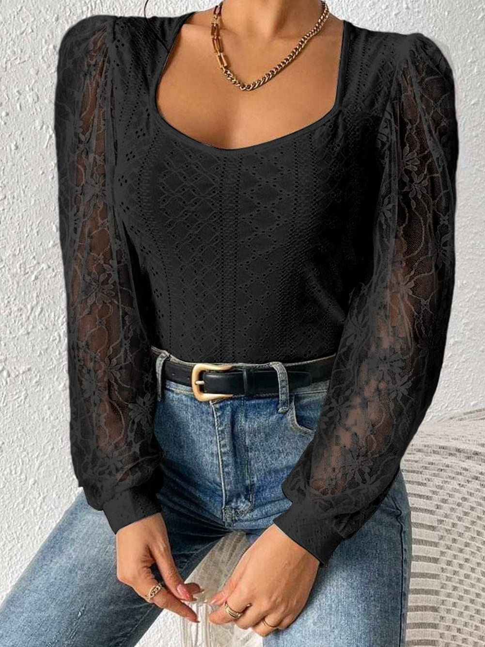 French Noir Lace Puff Sleeve Sheer Bodysuit
