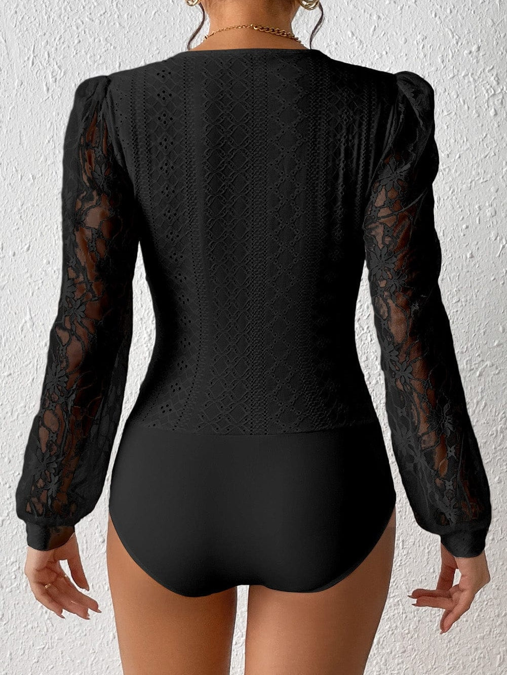 French Noir Lace Puff Sleeve Sheer Bodysuit