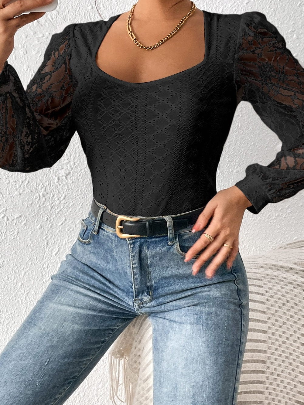 French Noir Lace Puff Sleeve Sheer Bodysuit