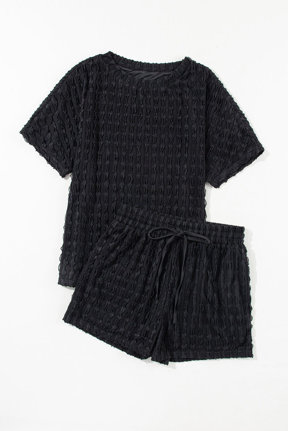 Frilled Black Textured Top with Matching Drawstring Shorts