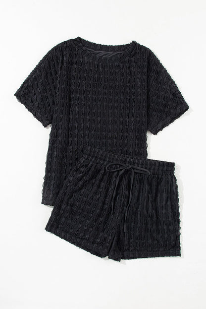 Frilled Black Textured Top with Matching Drawstring Shorts