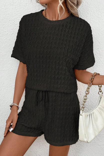 Frilled Black Textured Top with Matching Drawstring Shorts