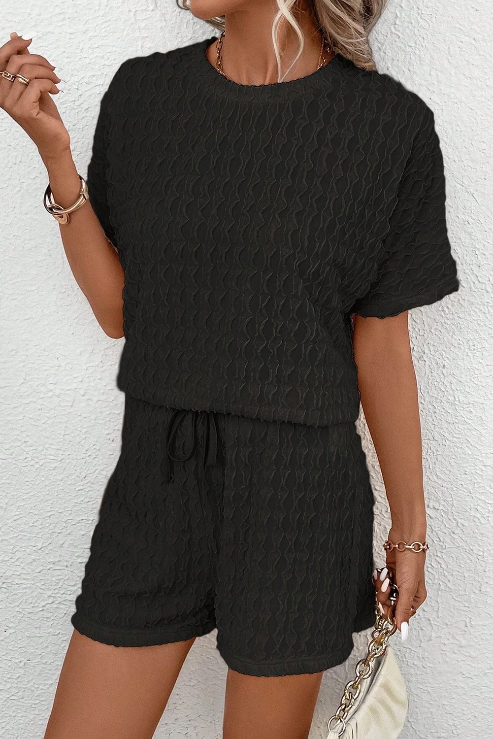 Frilled Black Textured Top with Matching Drawstring Shorts