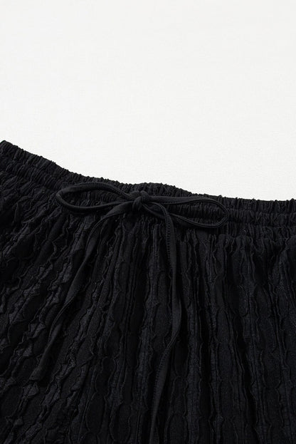 Frilled Black Textured Top with Matching Drawstring Shorts