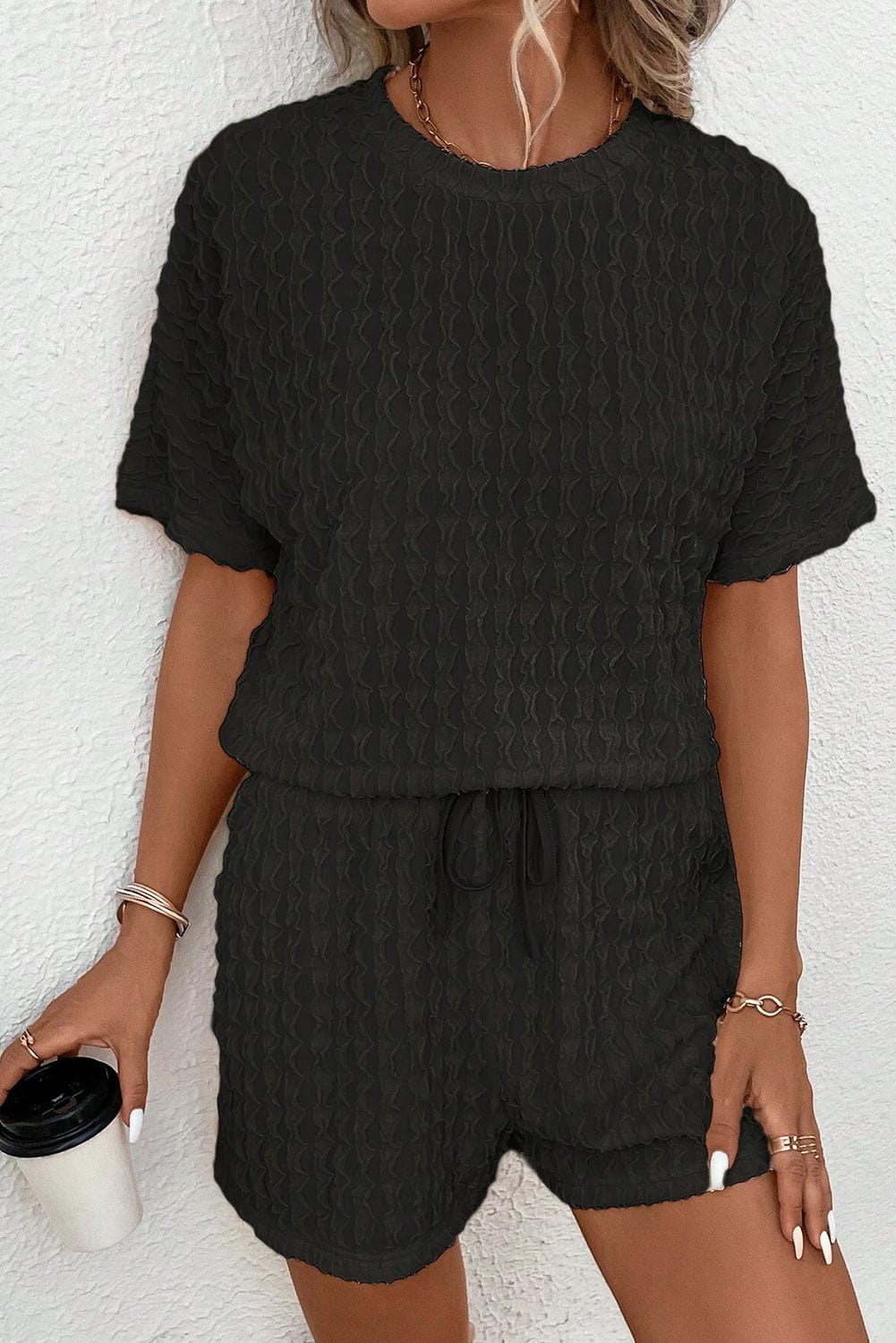 Frilled Black Textured Top with Matching Drawstring Shorts