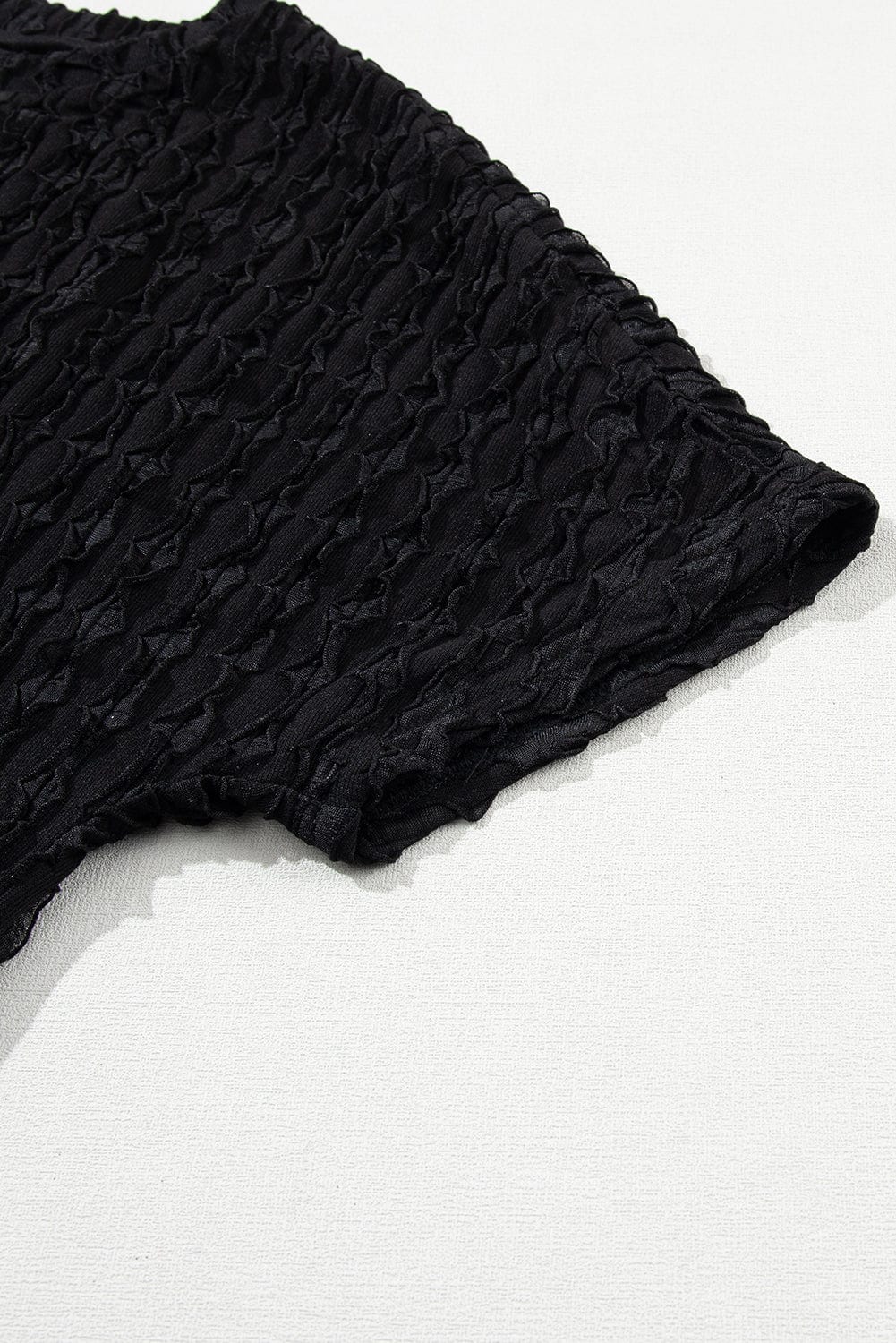 Frilled Black Textured Top with Matching Drawstring Shorts