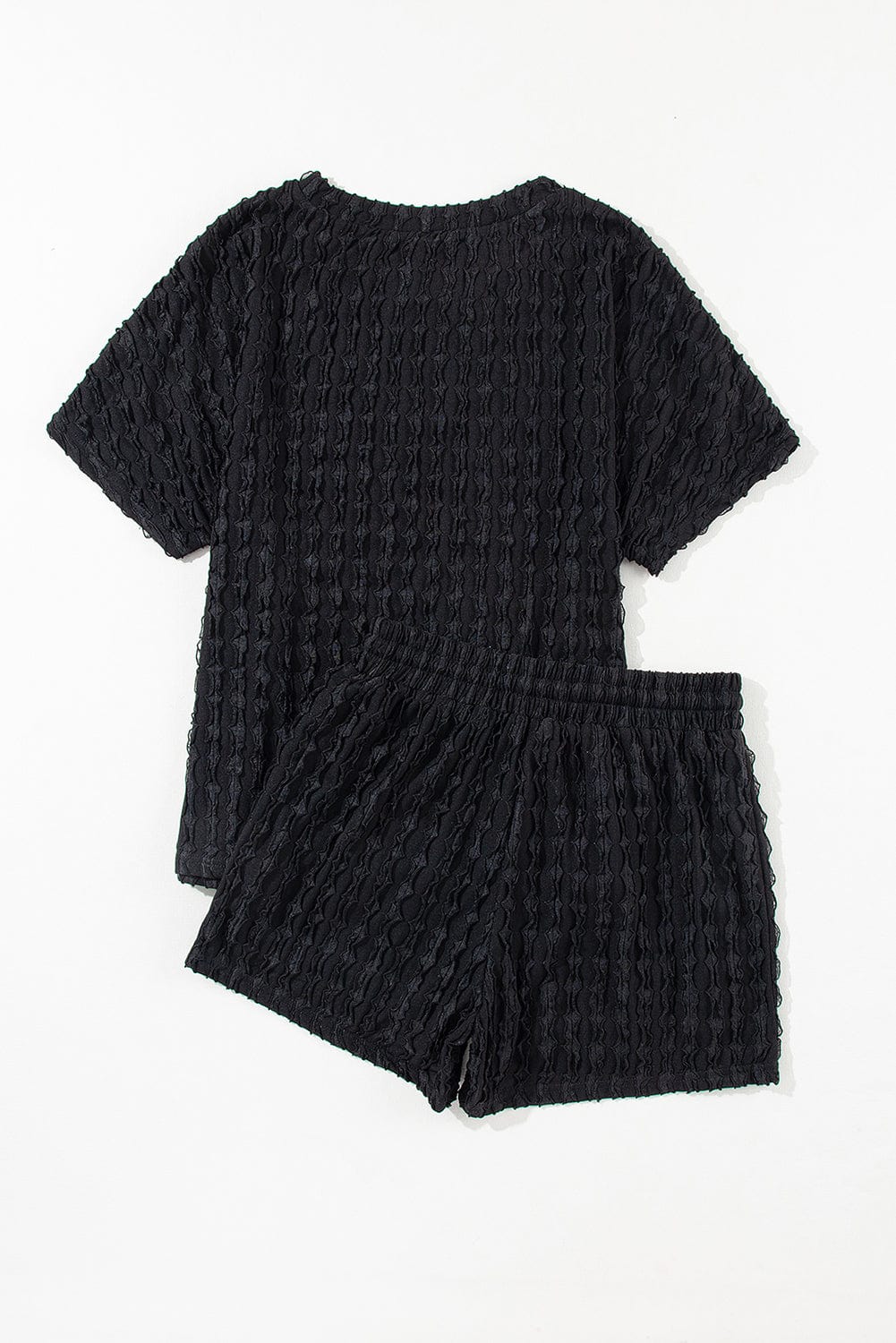 Frilled Black Textured Top with Matching Drawstring Shorts