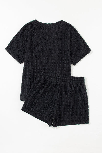 Frilled Black Textured Top with Matching Drawstring Shorts