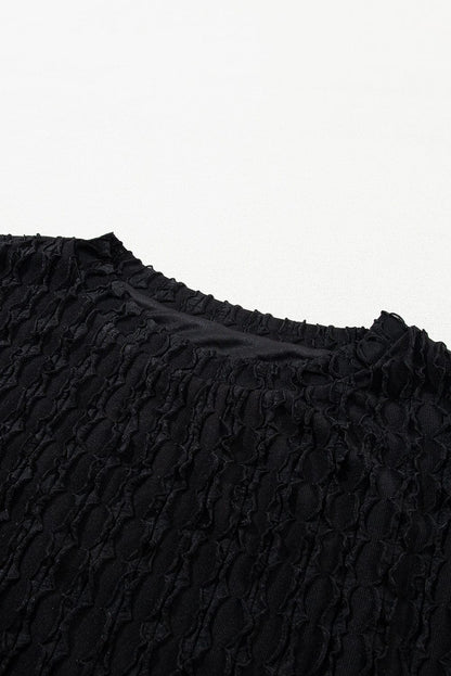 Frilled Black Textured Top with Matching Drawstring Shorts
