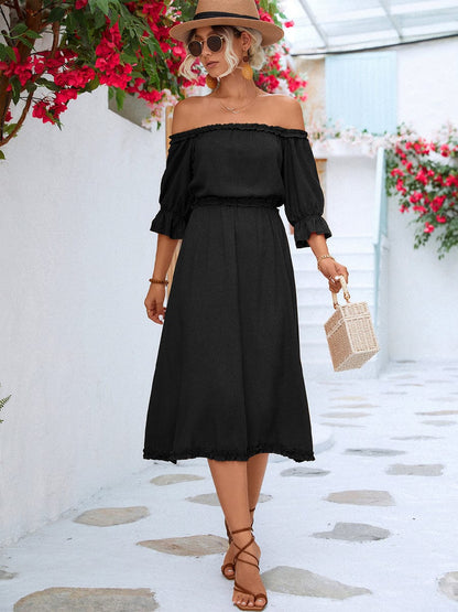 Frilled Off-Shoulder Flounce Sleeve Midi Dress