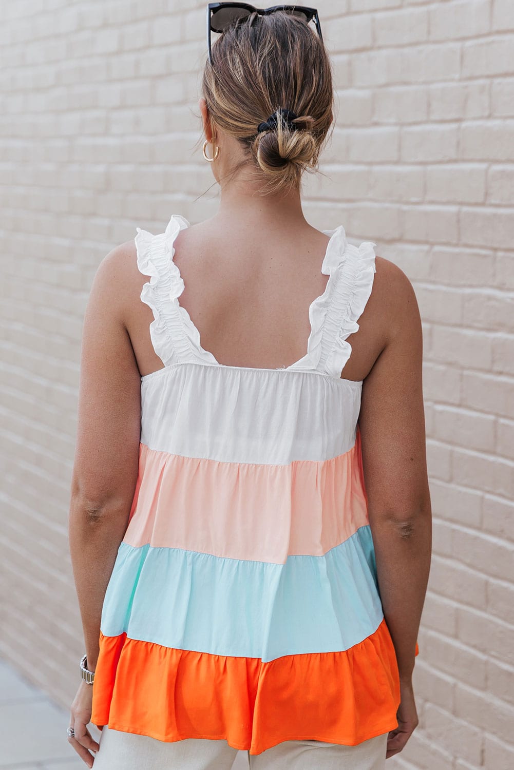 Frilled Straps Color Block Tiered Tank Top in White