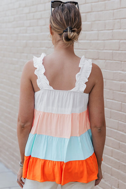 Frilled Straps Color Block Tiered Tank Top in White