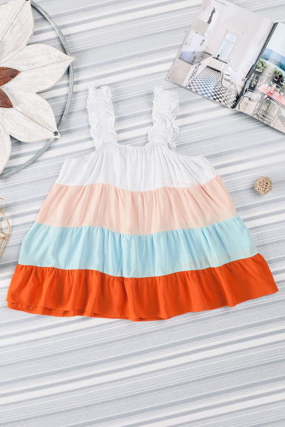 Frilled Straps Color Block Tiered Tank Top in White