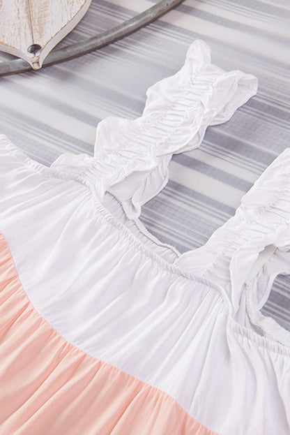 Frilled Straps Color Block Tiered Tank Top in White