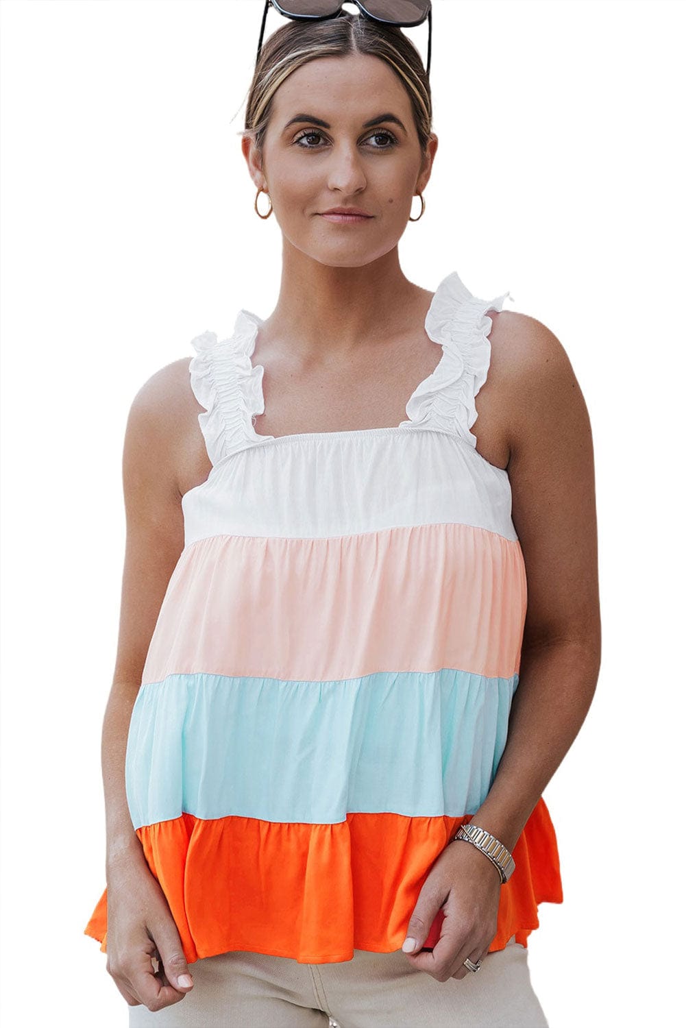 Frilled Straps Color Block Tiered Tank Top in White