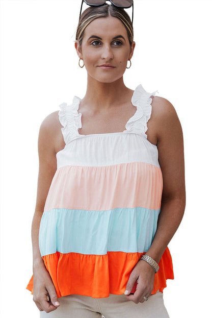 Frilled Straps Color Block Tiered Tank Top in White