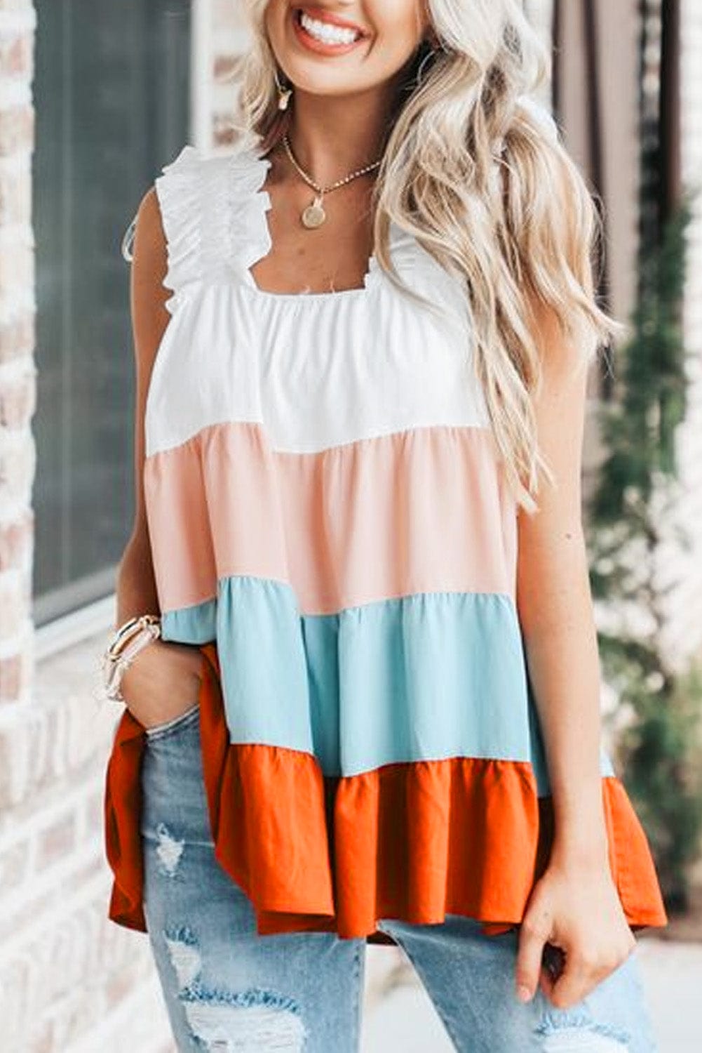 Frilled Straps Color Block Tiered Tank Top in White