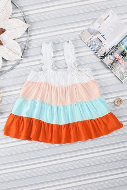 Frilled Straps Color Block Tiered Tank Top in White