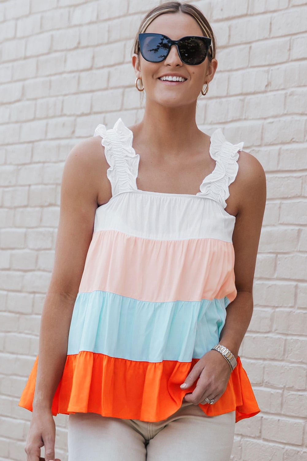 Frilled Straps Color Block Tiered Tank Top in White