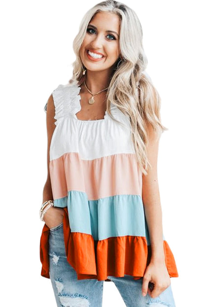 Frilled Straps Color Block Tiered Tank Top in White
