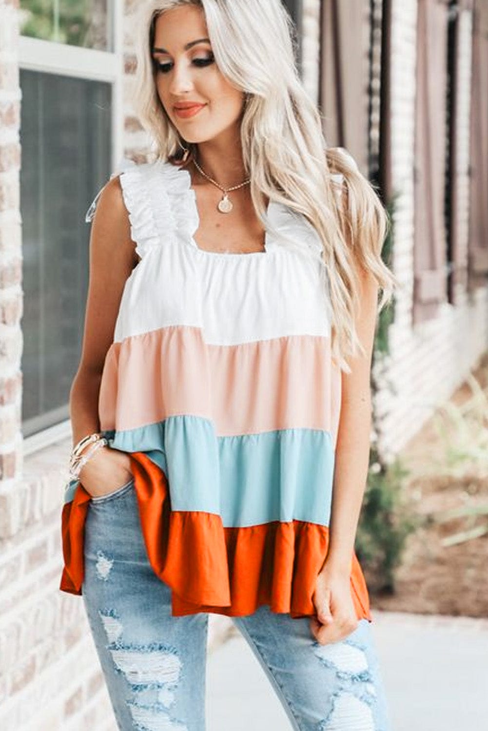 Frilled Straps Color Block Tiered Tank Top in White
