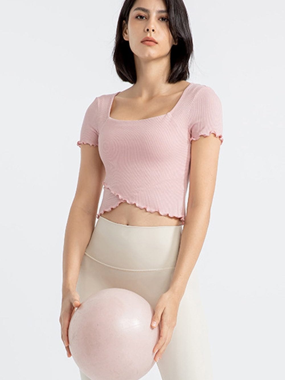 Frilly Trim Light Pink Crossed Hem Yoga Crop Top
