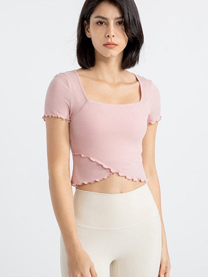 Frilly Trim Light Pink Crossed Hem Yoga Crop Top
