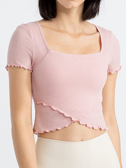 Frilly Trim Light Pink Crossed Hem Yoga Crop Top