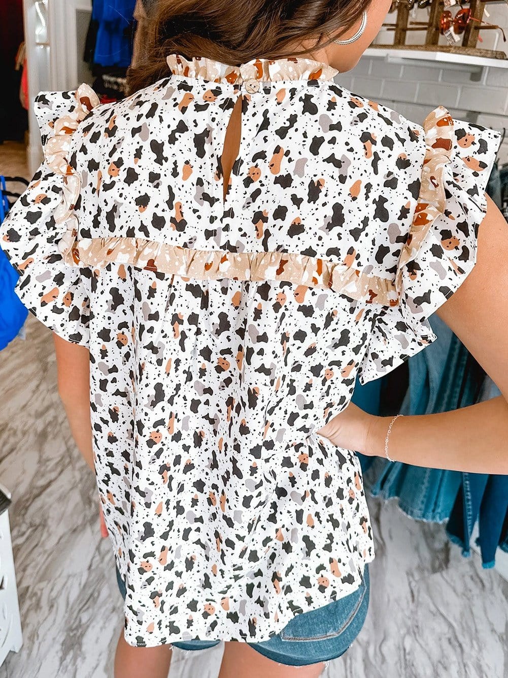 Frilly White Leopard Print Blouse with Ruffle Sleeves