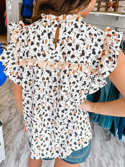 Frilly White Leopard Print Blouse with Ruffle Sleeves