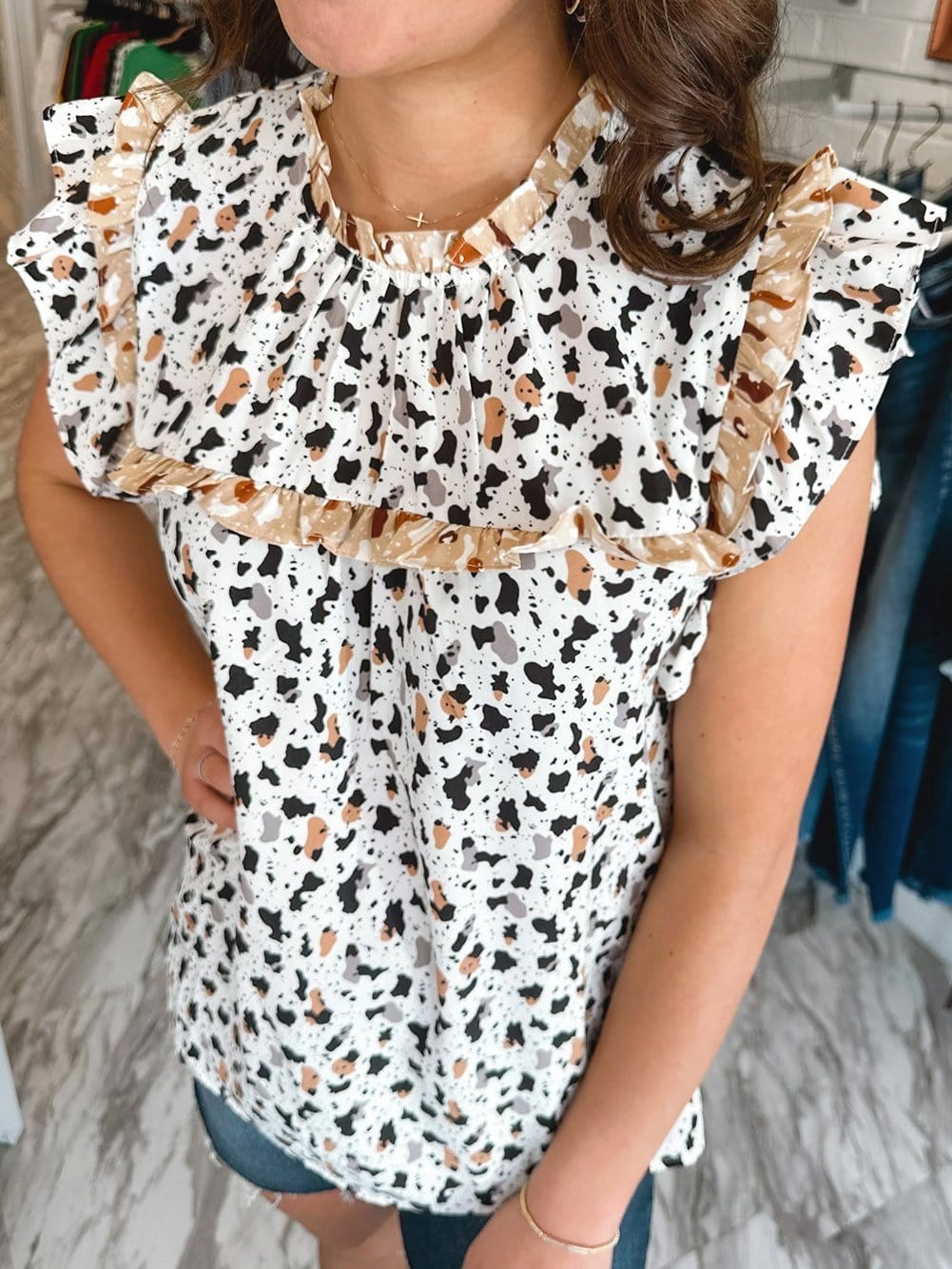 Frilly White Leopard Print Blouse with Ruffle Sleeves