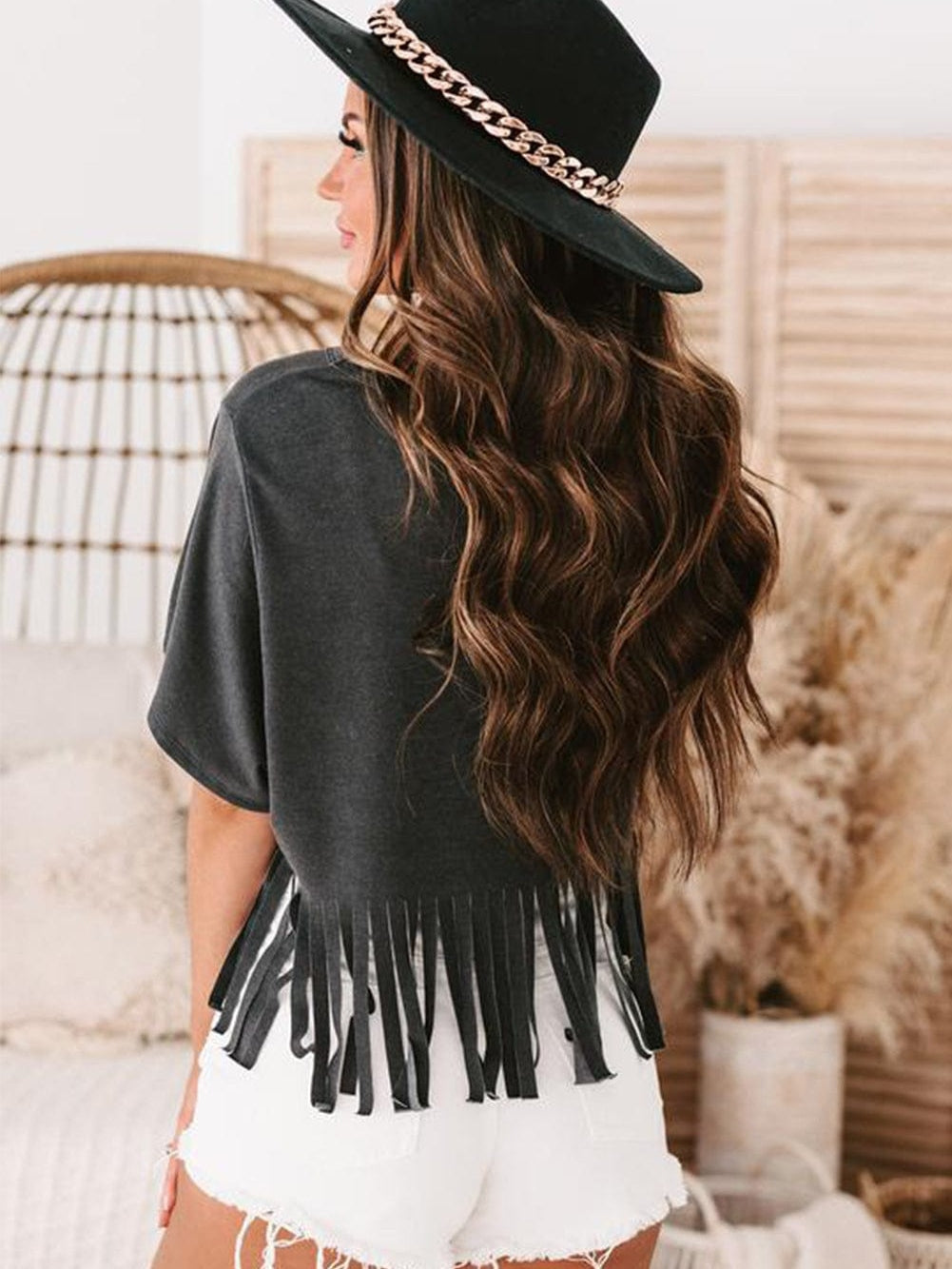 Fringe Tassel Green V Neck Tee