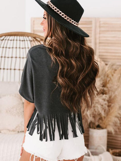 Fringe Tassel Green V Neck Tee