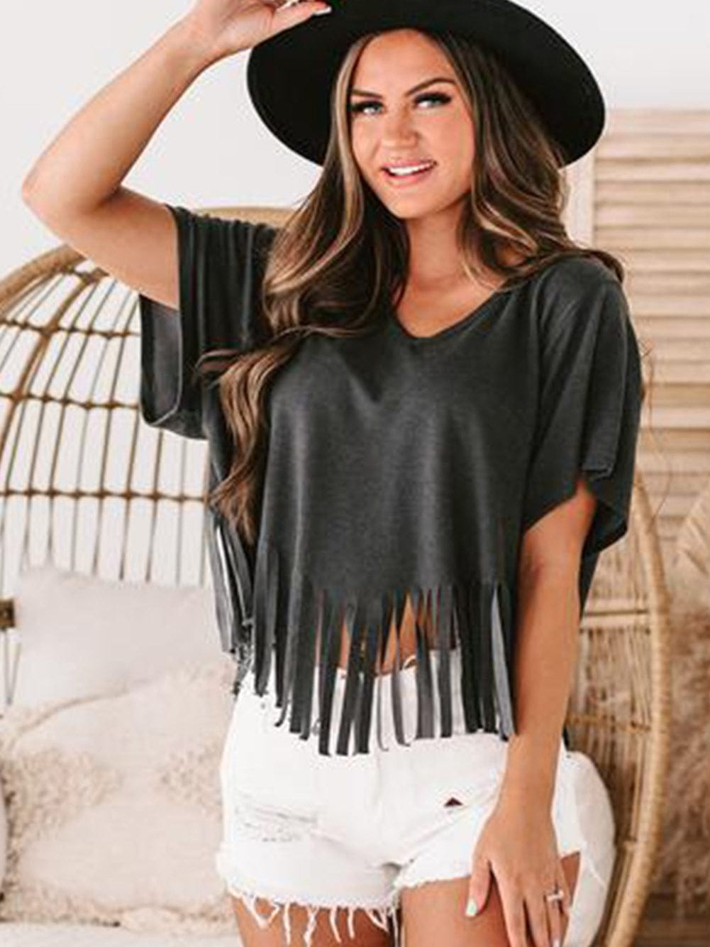 Fringe Tassel Green V Neck Tee