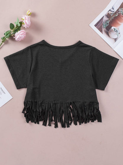 Fringe Tassel Green V Neck Tee