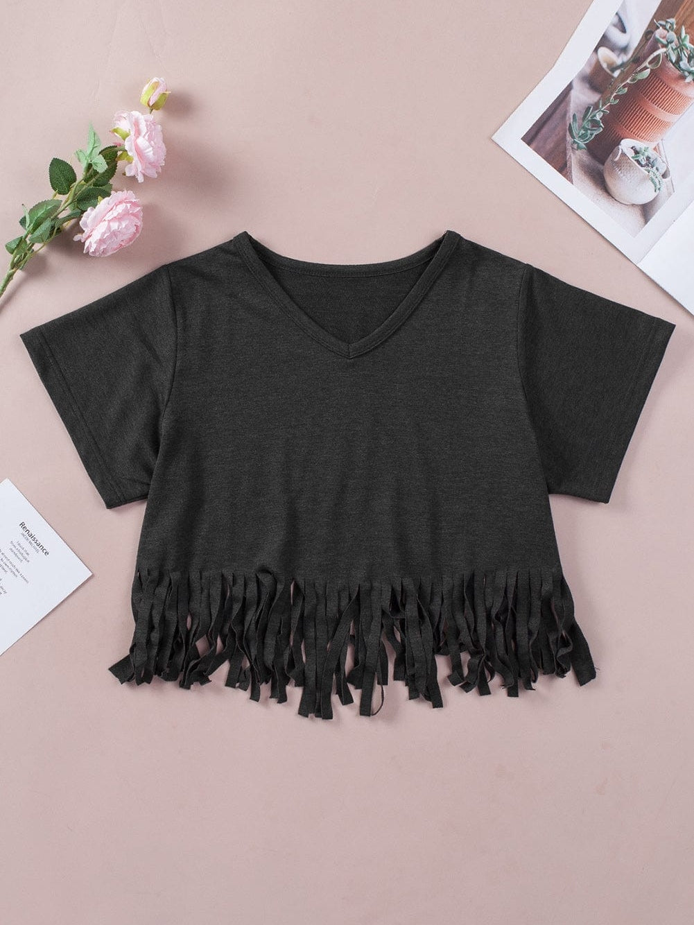 Fringe Tassel Green V Neck Tee