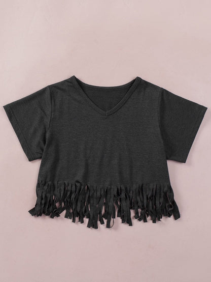 Fringe Tassel Green V Neck Tee