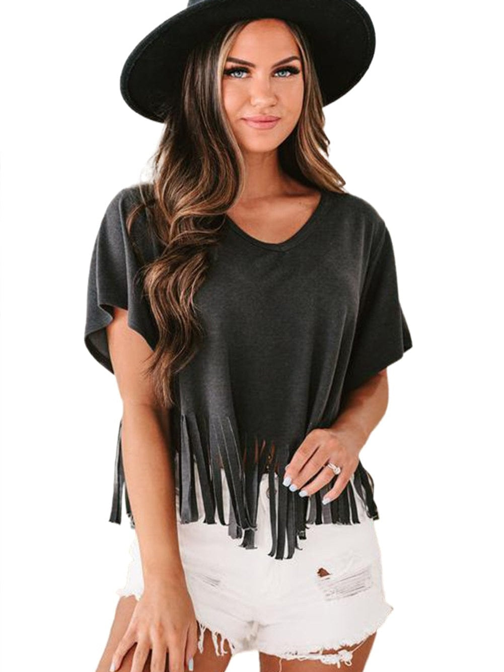 Fringe Tassel Green V Neck Tee