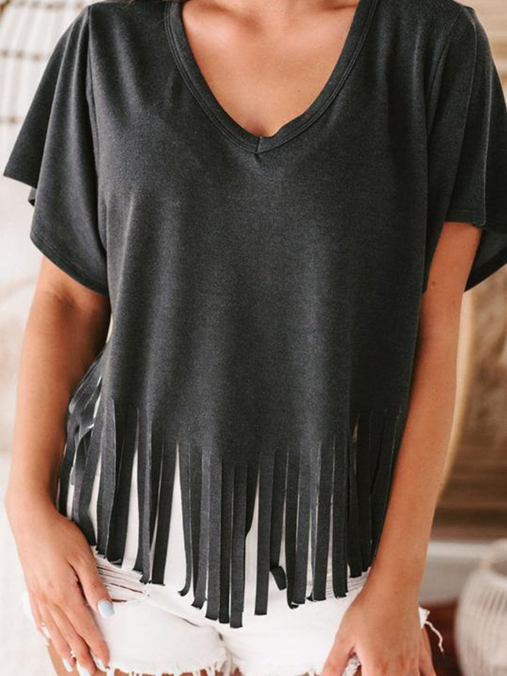 Fringe Tassel Green V Neck Tee