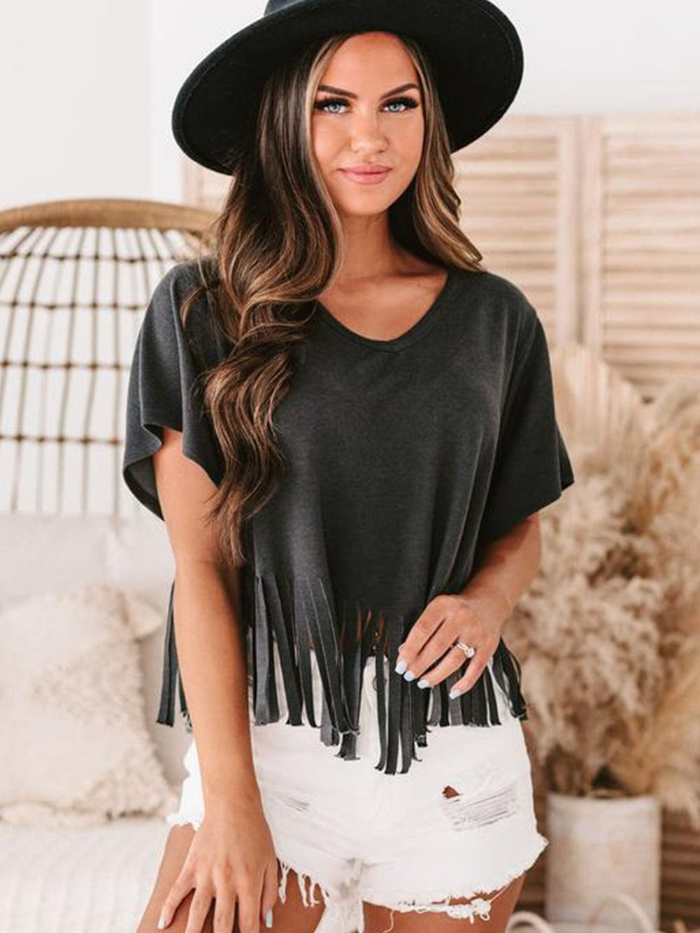 Fringe Tassel Green V Neck Tee