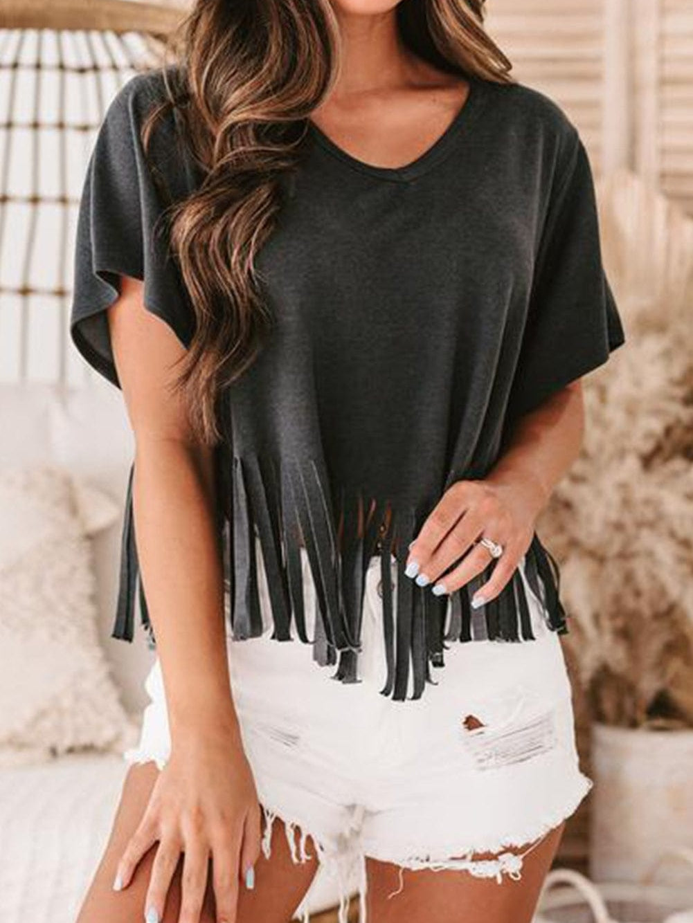 Fringe Tassel Green V Neck Tee