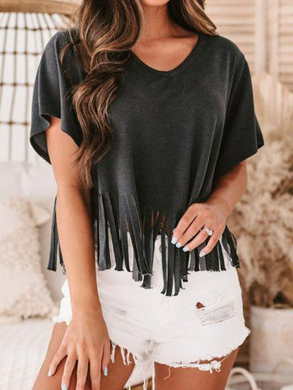 Fringe Tassel Green V Neck Tee