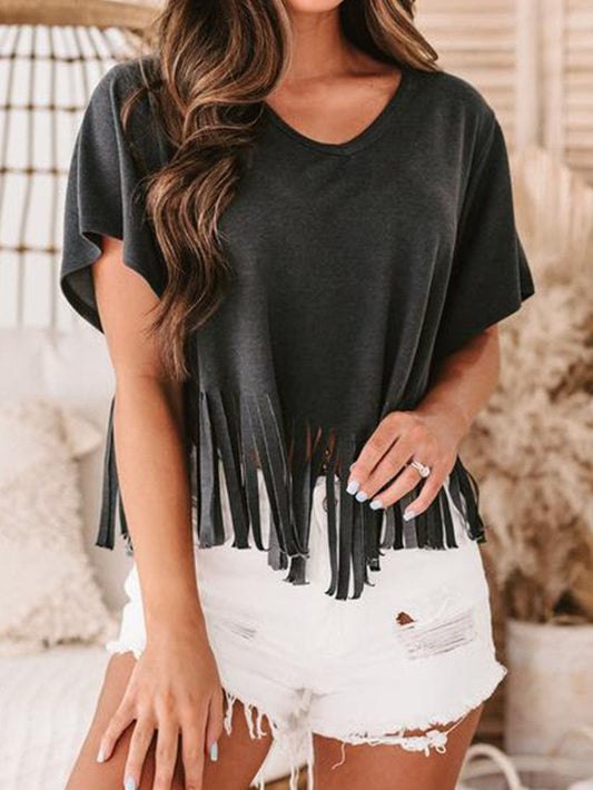 Fringe Tassel Green V Neck Tee