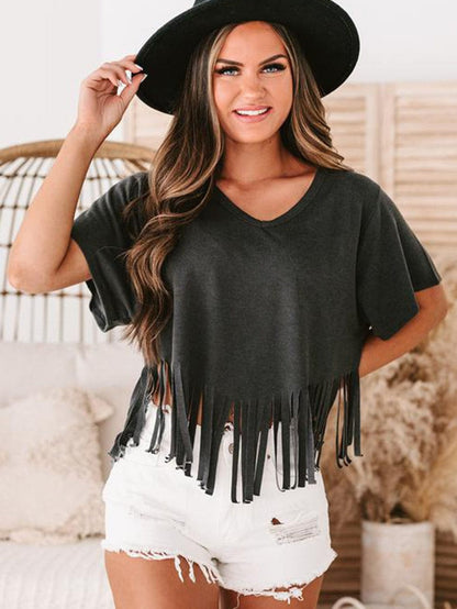 Fringe Tassel Green V Neck Tee