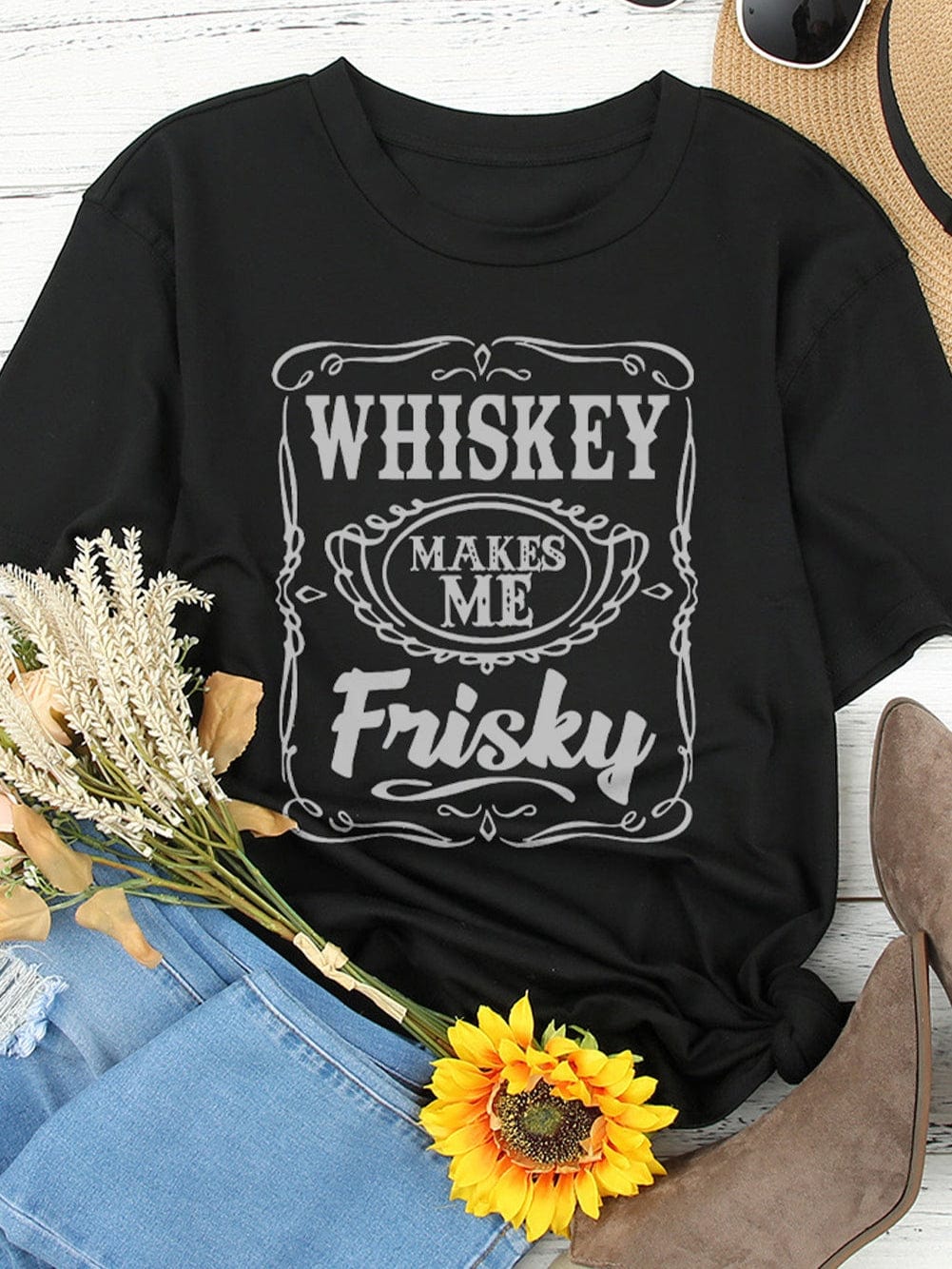 Frisky Vibes Black Whiskey Print Tee